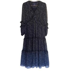 SALON DE YOHN Korean Navy Floral Ruffle Tiered Midi Dress Women's Small